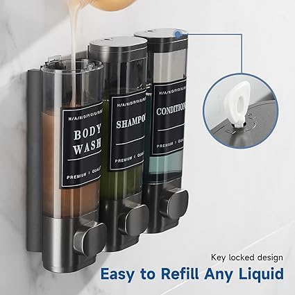 Image of Wall-Mounted 3-Chamber Shower Dispenser - Shampoo, Conditioner & Body Wash Holder - Refillable, Leak-Proof Bottles - Ideal for Bathroom, Hotel & Spa Use