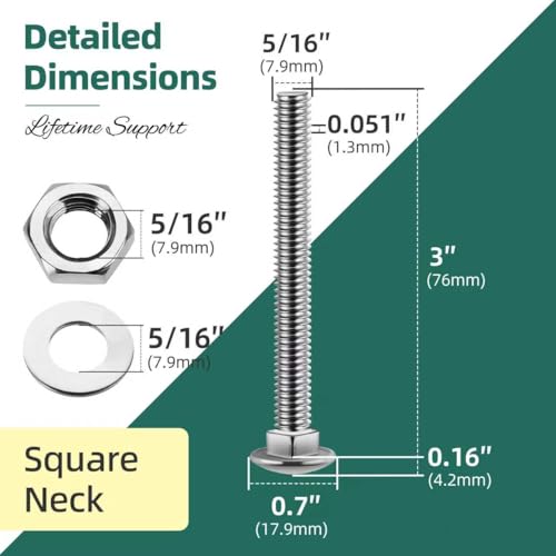 Image of (10 Sets) 5 /16-18 x 3 Carriage Bolts with Nuts and Washers, 304 Stainless Steel Round Head Square Neck 5 /16 Carriage Bolts Screws, Full Thread for Outdoor