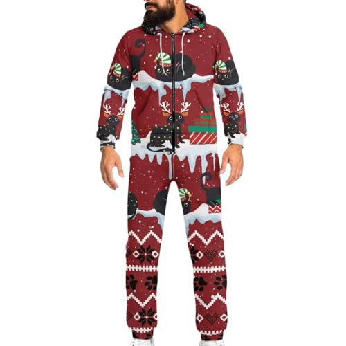 Yewattles Nightgown Party Hooded Christmas Black Cats One Piece Pajamas Adult Jumpsuit Women Men Loungewear Long Sleeve Onesie Tracksuit Washable Casual Playsuit S-4XL