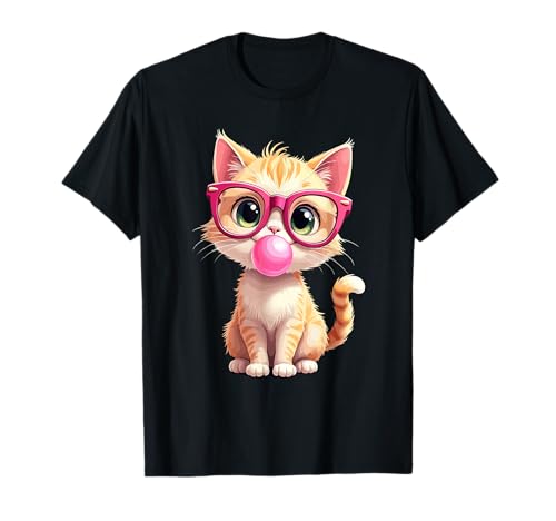 Gato con gafas y goma de mascar | Niñas, gatito lindo y divertido Camiseta