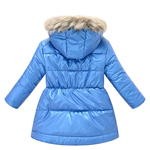 Girls Winter Dress Coats Faux Fur Hooded Wool Jackets Waterproof Flower Print Parka Warm Cotton Puffer Outwear (Blue, 8-9 Years)4