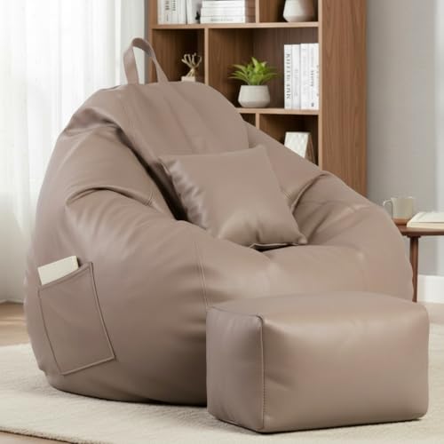 Image of KAM'S LIEU 5XL Luxury Faux Leather Bean Bag with Footrest & Cushion | Pre-Filled High-Density Polystyrene Beans | Premium Leatherette | 6 Months Warranty Color- (Beige, with Footrest)