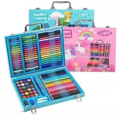 Ixora 128 pieces Art Set, Portable Drawing Painting Art Supplies, Gifts for Kids Girls Boys Teens 6-8-9-12, Coloring Art Kit Gift Case: Crayon, Oil Pastel, Colored Pencil, Watercolor, Paper (BLUE)