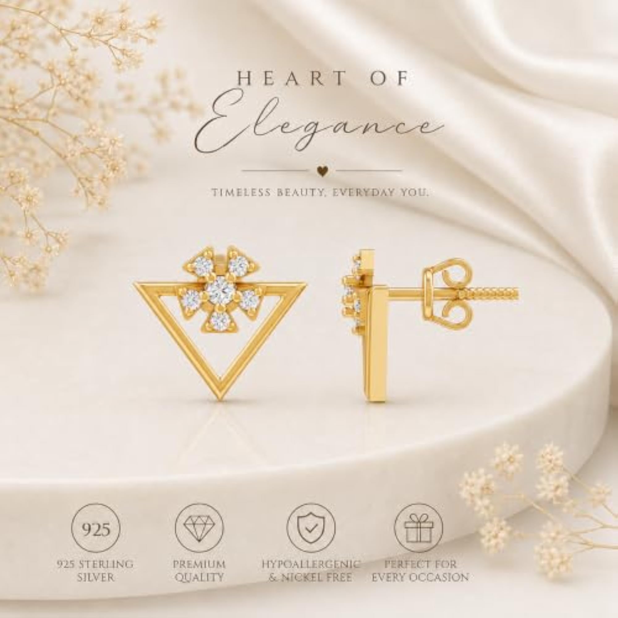 Women's 925 Sterling Silver Rhodium Plated Geometric Triangle Floral Stud Earrings