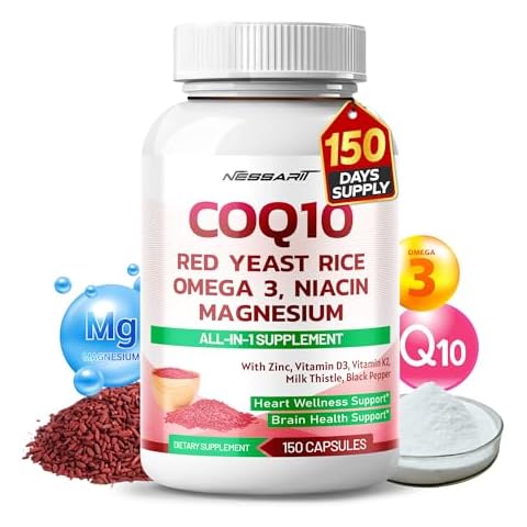 COQ10 + Red Yeast Rice 6,000mg Supplement - 10-in-1 Natural Blend with Omega 3 Vitamin B3, K2, D3, Zinc Milk Thistle Black Pepper - 150 Count - Made & Tested in The USA Cover