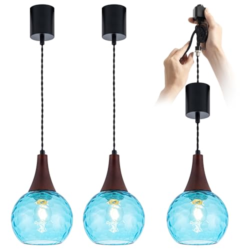 AGECBIUY Track Lighting Pendants 3 Pack Adjustable Height H-Type Modern Track Pendant Light Mini Pendant Lights for Kitchen Island with Hand-Blown Blue Hammered Glass Shades (LED Bulbs Included)