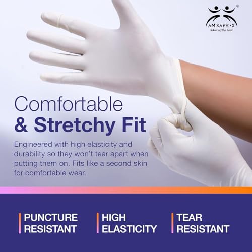 Image of AM Safe x Latex Gloves | White | Food handling | CE Approved | Non Sterile | Examination | All-Purpose | Powdered | Cleaning |Examination Gloves |40 pcs|Medium
