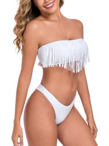 RELLECIGA Women's Bandeau Bikini Set Fringe Low Waisted Swimsuit Brazilian Two Piece Bathing Suit4