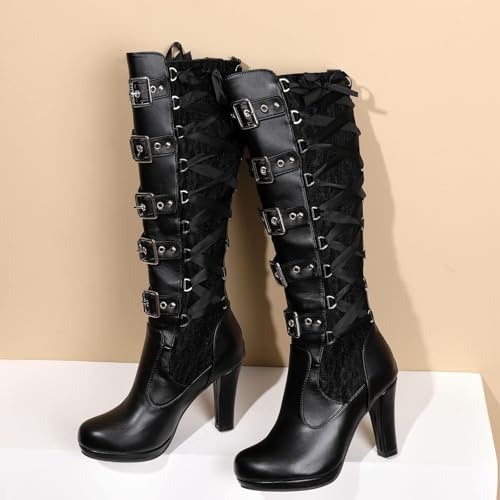 Women Lace Goth Knee High Boots Buckle Block Heel Lace Up Knee Boots Punk Platform Back Zipper Riding Combat Bootie2