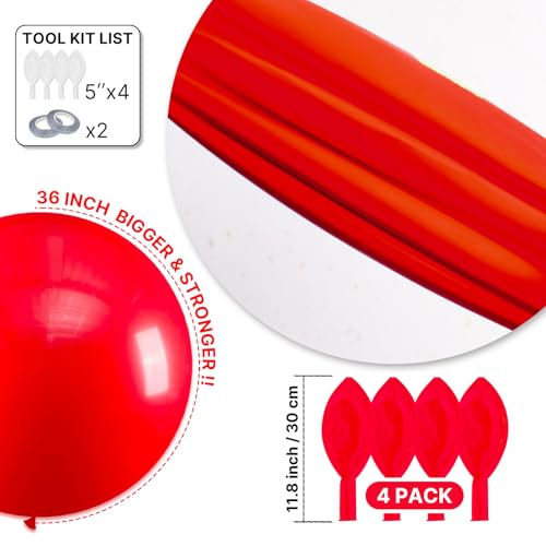 Image of PartyWoo Red Balloons 4pcs 36 Inch Red Helium Balloons for Birthday Graduation Bachelorette Citizenship Firefighter Strawberry Anniversary Cherry Casino Movie Theme Party Decorations Red-Y57