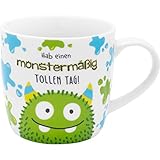 KINDERTASSE MIT SPRUCH: Becher mit farbigem Motivdruck „Monster“ und mit lustigem Spruch „Hab einen monstermäßig tollen Tag“, Material Porzellan, Volumen 30 cl, Lieblingsbecher für KiTa-Kids und Schulkinder, verpackt in passend gestalteter Geschenkbox.
