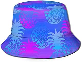 Mens Wide Brim Sun Hat Fishing Safari Cap for Outdoor Hiking Camping Gardening Lawn Field Work, Blue and Purple Pineapples