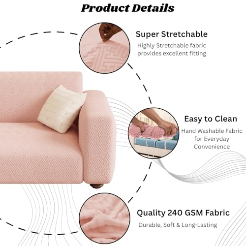 Image of Lukzer 2 Seater Pastel Pink Grid Maze Pattern Sofa Cover | 240 GSM Universal Stretch Fit Jacquard Fabric Couch Protector | Fully Covered Anti Slip & Washable Sofa Cover (140-180cm /SC-108-02)