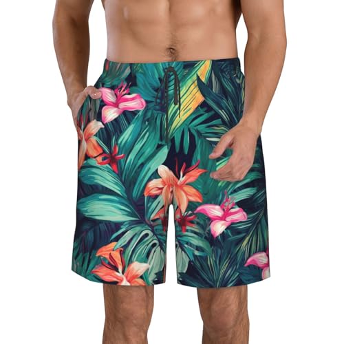 Tropical Floral Leaves Men's Swim Trunks Quick Dry Board Shorts with Pockets Casual Drawstring Beach Shorts