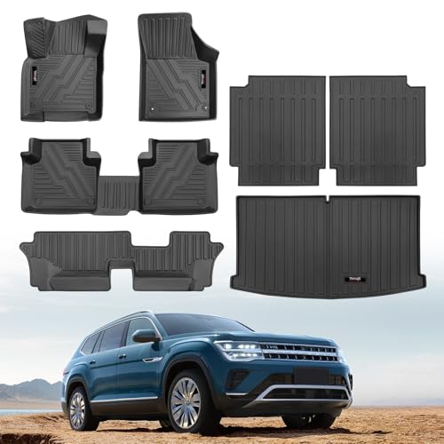 Custom for 2018-2025 2026 Volkswagen Atlas 7 Seater Floor Mats Trunk Cargo Liner and Rear Seat Backrest Mat All Weather TPE Protection Mat for VW Atlas Accessories (only for 7 Seater)