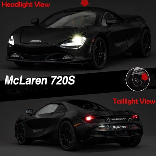Image of 1:24 McLaren 720S Convertible Diecast Car | Alloy Metal Pull Back Toy Car with Openable Doors, Lights & Music | Model Car for Kids Boys Girls Gift & Collectors (Black)