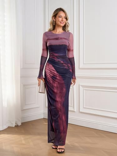 Floral Bodycon Maxi Dress Long Sleeve Mesh Ruched Formal Cocktail Dresses for Women 20254