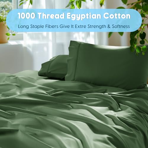Image of SONORO KATE 1000 Series 100% Egyptian Cotton King Sheet Set,4 Pieces | Soft,Breathable Long Staple,Sateen Weave,Luxury 5-Star Hotel Bed Sheets,16 inch Deep Pocket,Olive Green