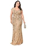 Plus Size Womens Sequined Long Evening Gown Glamous Sleeveless V-Neck Mermaid Prom Dress for Wedding Party Gold 12