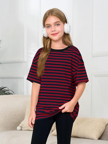 Image of Haloumoning Girls Striped Short Sleeve T Shirts Kids Summer Oversized Tops Casual Crewneck Tees 5-14 Years