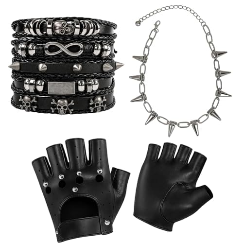 3Pcs Punk Bracelet For Men, Gothic Jewellery, Black Leather Wristband, Punk Style Accessories For Concerts, Parties, Friends Gathering