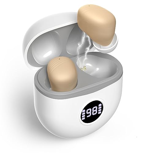 Hearing Aids for Seniors, Rechargeable Hearing Amplifiers with Noise Cancelling, Small In Ear No Squealing Hearing Aids with Oval Charging Case LED Power Display, Beige