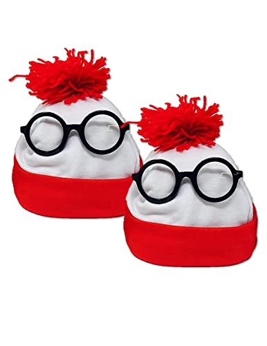Wheres Waldo Red and White Beanie w/Round Glasses for Men & Women - Red and White Christmas Hat...