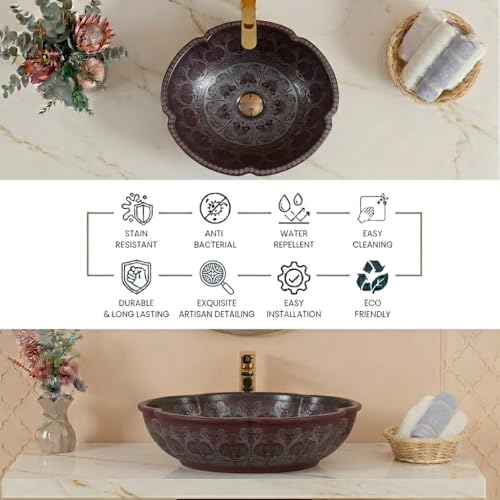 Image of BASSINO 16.5x16.5x5 Inches Designer Moroccan Ceramic Table Top Wash Basin /Matte Maroon Vanity Sink for Bathroom /Handcrafted Countertop Washbasin for Office /Hotel /Bathroom Basin(Matt)