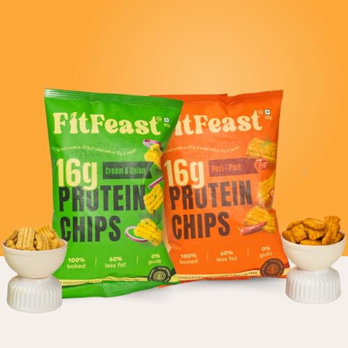 Image of FitFeast Protein Chips - Variety Pack of 12 | 6 x Peri Peri and 6 x Cream and Onion | 60 g Each | 16g Plant Protein Per Pack | Baked, Not Fried | Multigrain Snacks | As Seen on Shark Tank