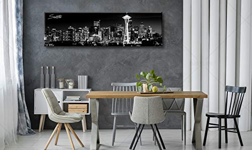 Image of Seattle City Skyline Wall Art Black and White Canvas Prints Panorama Cityscape Picture Night View Painting Poster Modern Artwork Home Decor for Office Living Room - Ready to Hang 13.8 inch x 47.3 inch