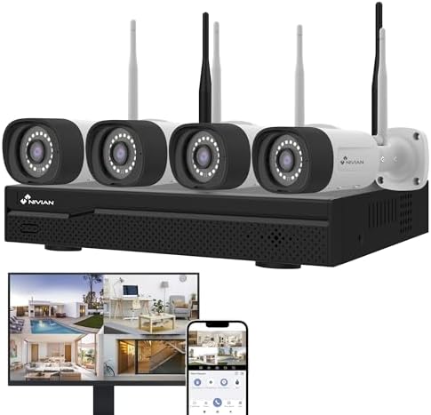 NIVIAN Kit Camaras de Vigilancia Profesional WiFi SuperHD con 4 Cámaras IP y Grabador 10CH - para Casas y Negocios - Visión Nocturna, Detección Humana...