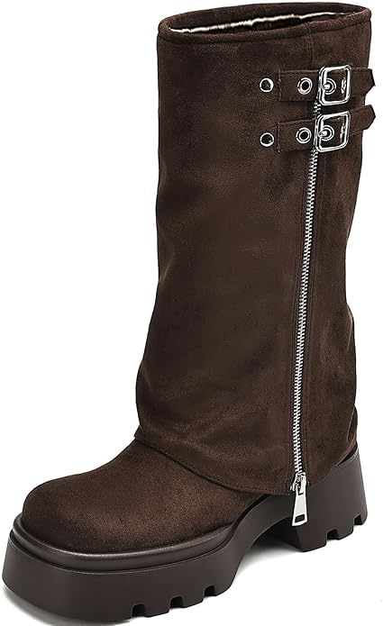 Image of MAVMAX Mid Calf Boots for Women Fold Over Zipper Buckle Riding Boot Black Wide Calf Platform Round Toe Chunky Low Heel Tall Boot Cowboy Biker Motorcycle Boots