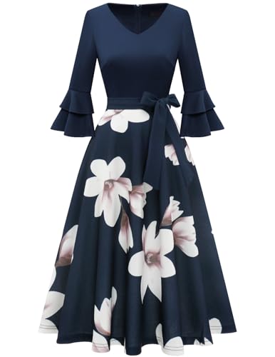 Image of DRESSTELLS Women's Cocktail Dress Summer Wedding Guest Party Vintage 3 /4 Bell Sleeve V Neck A-Line Dress