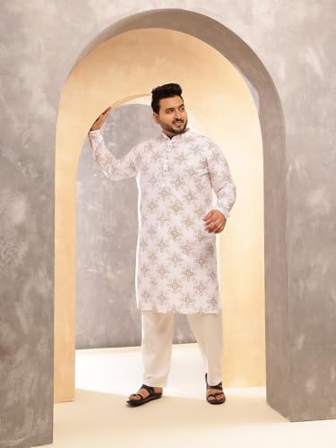 Image of SOJANYA Plus (Since 1958) Men's Printed Cotton Linen Kurta With White Pyjama