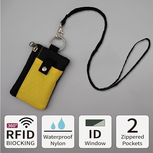 Lanyard with Wallet, RFID Card Wallet with Zipper and ID Holder, Small Water Resistant Wallets with Lanyard Keychain for Men & Women - Black and Yellow3