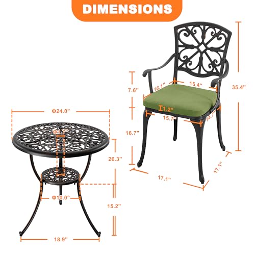 Image of NUU GARDEN 3-Piece Outdoor Bistro Set with Cushions, Round 24 Inch Cast Aluminum Round Table with 1.77 inch Umbrella Hole and 2 Cast Aluminum Armchairs with Cushions, Black with Gold-Painted Edge