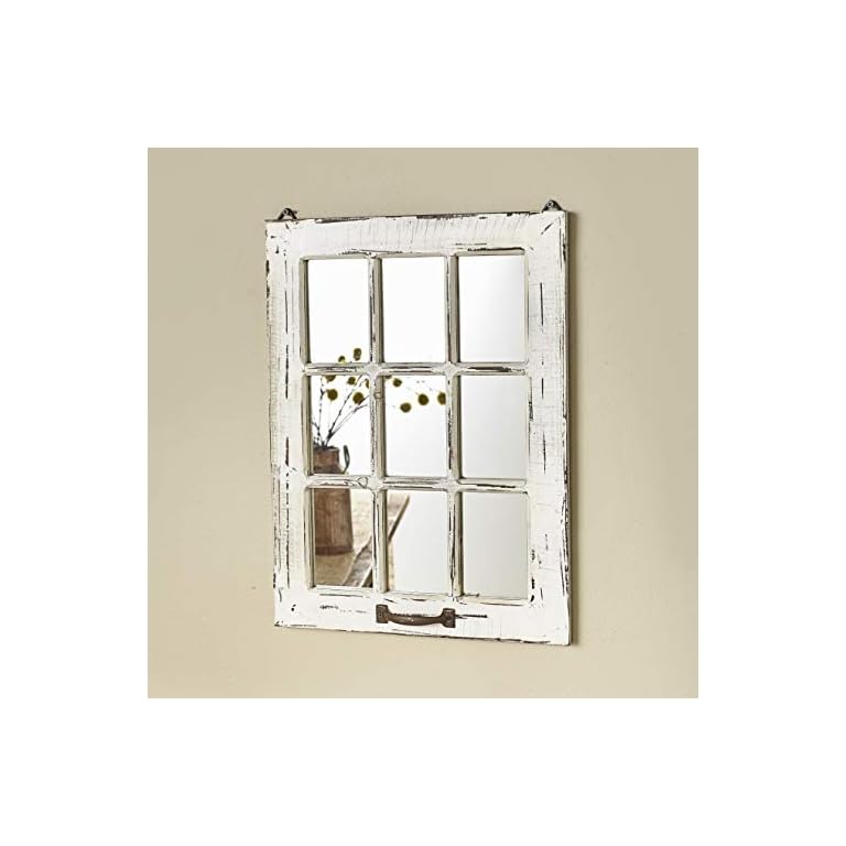 The Lakeside Collection Distressed Wood Windowpane Mirror - Rustic Home Decoration - Small 15" W x 20" L - White