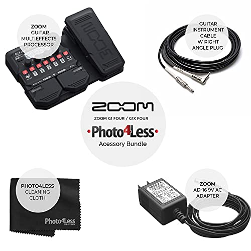 Zoom G1X Four Guitar Effects Processor With Built-In Expression Pedal + Zoom Ad-16 9V Ac Adapter + Guitar Instrument Cable W Right Angle Plug + Photo4Less Cleaning Cloth - Deluxe Bundle #TOP6