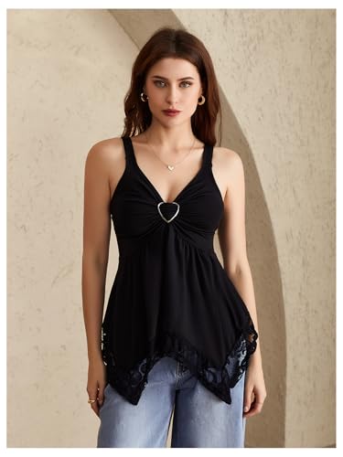 Women's Goth Lace Trim Peplum Tank Top V Neck Heart Ring Ruched Asymmetrical Flowy Tops4