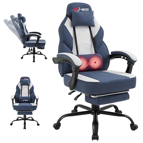 Image of DL-win Video Gaming Chair for Adults, Computer Chair with Footrest and Ergonomic High Back, Big and Tall Gamer Chair with Massage Lumbar Support (Light Blue Fabric)