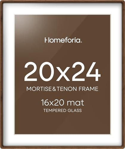 Homeforia 20x24 Frame Brown Wood Mortise & Tenon Walnut 20 x 24 Picture Frames with Mat 16 x 20 for Wall 24x20 Dark Wooden Poster Frame Matted to 16x20 inch Photo Tempered Glass Wall Kit Set of 1