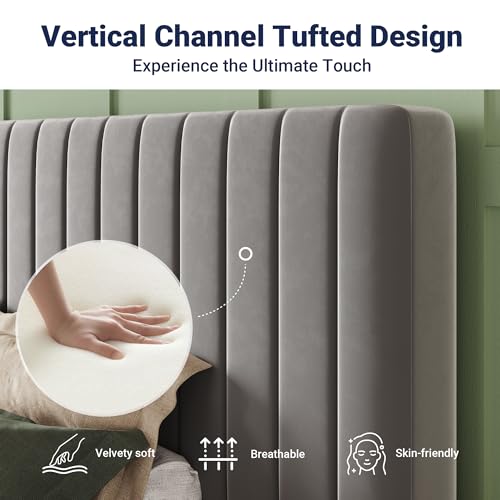 Image of Allewie Twin Bed Frame, Velvet Upholstered Platform Bed with Adjustable Vertical Channel Tufted Headboard, Mattress Foundation with Strong Wooden Slats, Box Spring Optional, Easy Assembly, Grey