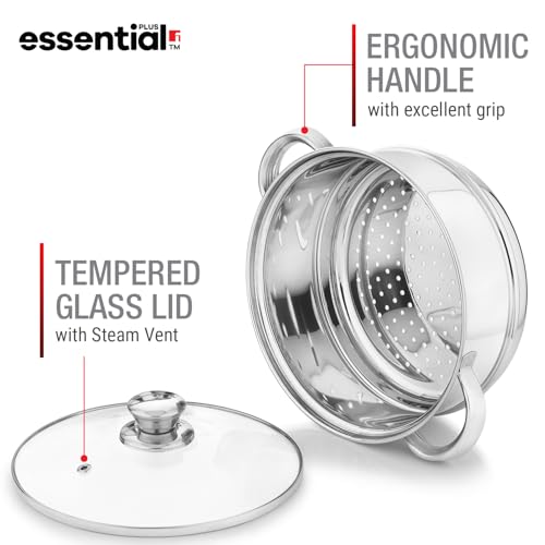 Image of Essential Plus Stainless Steel 2 Tier Steamer (18cm Dia) 2.5L, Multipurpose Pot, Stainless Steel Multi kadai, Even and Fast Heating, For Dhokla, Modak, Patra etc - Induction and Gas Stove Ready