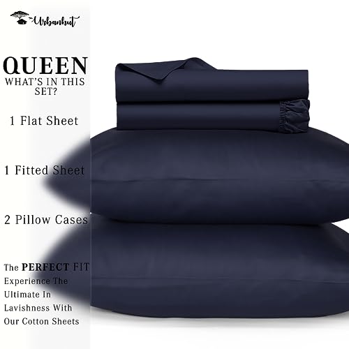 URBANHUT 800 Thread Count Queen Size Sheets Egyptian Cotton, Long Staple, Breathable, 4 Pc Bed Sheet Sets for Queen Size Bedding, Luxury Hotel Sateen Sheets Fits 16" Deep Pocket - Navy Blue