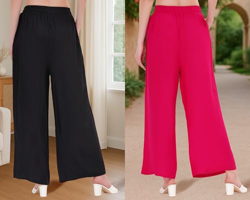 Image of Buy That Trendz Palazzo Pants for Women Cotton Rayon Elasticated Flared Wide Leg Regular Fit M to 6XL Pack of 2