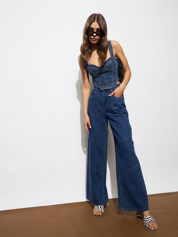 Image of barcino Navy High-Rise Stitch Detail Straight Jeans