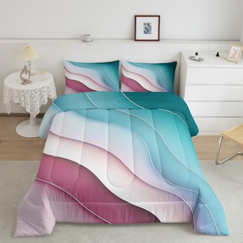 Feelyou Abstract Ombre Comforter Set Ocean Waves Bed Set Bedding Decor Gradient Green Red Pink Sea and Beach Tropical Summer Contemporary Comforter Inner Fill with 2 Pillowcases 3Pcs Bedding Queen