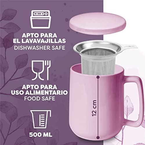 Taza de Te con Filtro y Tapa 500ml - Ceramica - Mantiene Caliente la Infusion - Rosa - Imagen 4