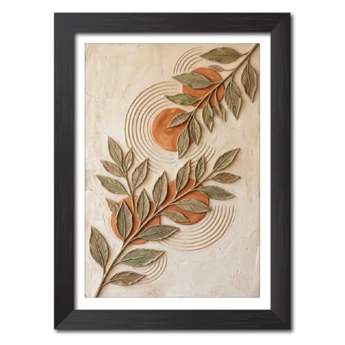 Image of TenorArts Boho Leaves Art 3D Clay Textured Digital Art Print Photo Frame, Modern Art Abstract Painting For Bedroom Living Room Home and Cafe Decor | Minimal Drawing Black Framed Posters for Decoration (9x12 inches) [CL-F10]