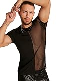 WDIRARA Men's Contrast Mesh T-Shirts Round Neck Short Sleeve Shirt See Through Party Outfits Black Small